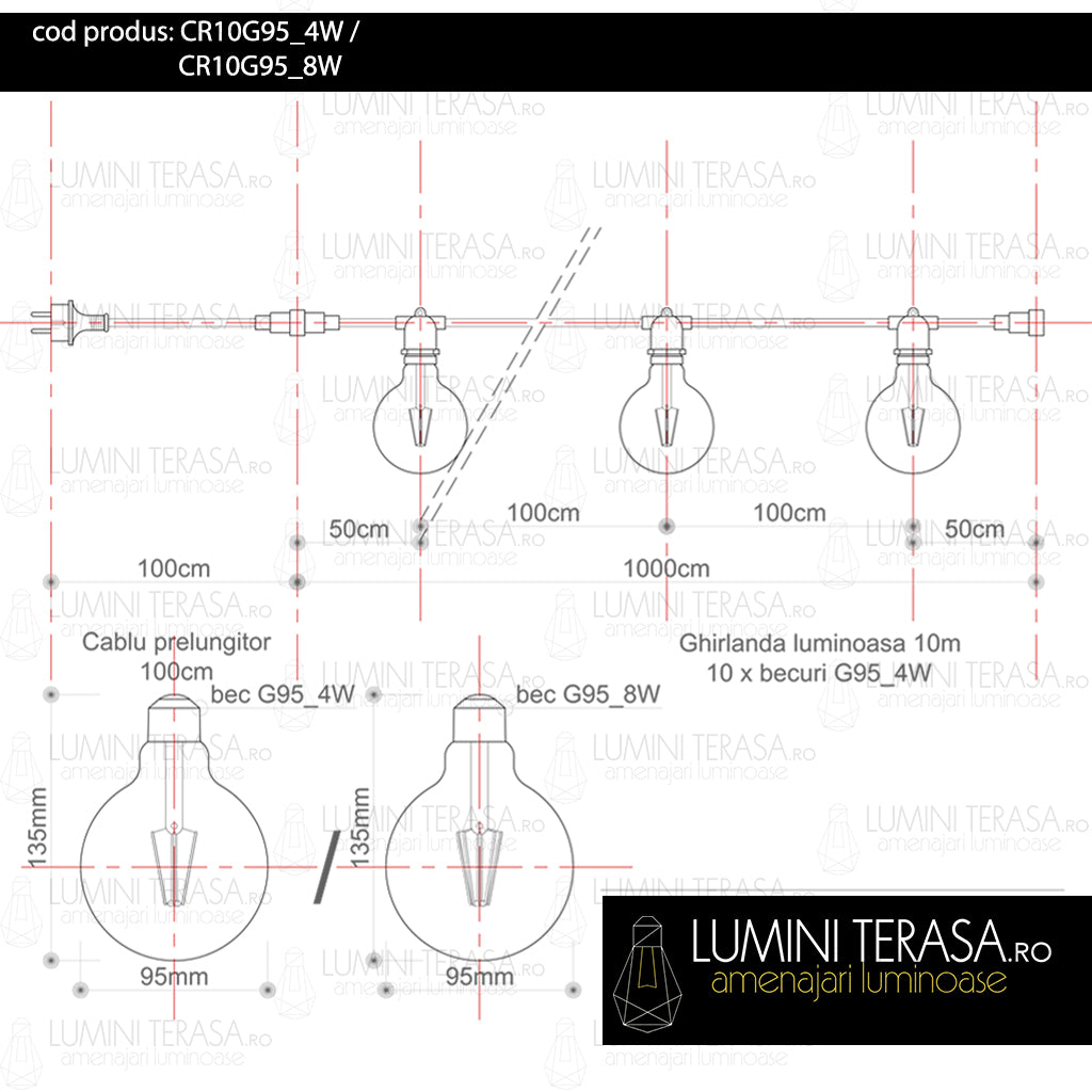 Ghirlanda luminoasa 10 m. cu 10 becuri mari G95 LED E27 interconectabila