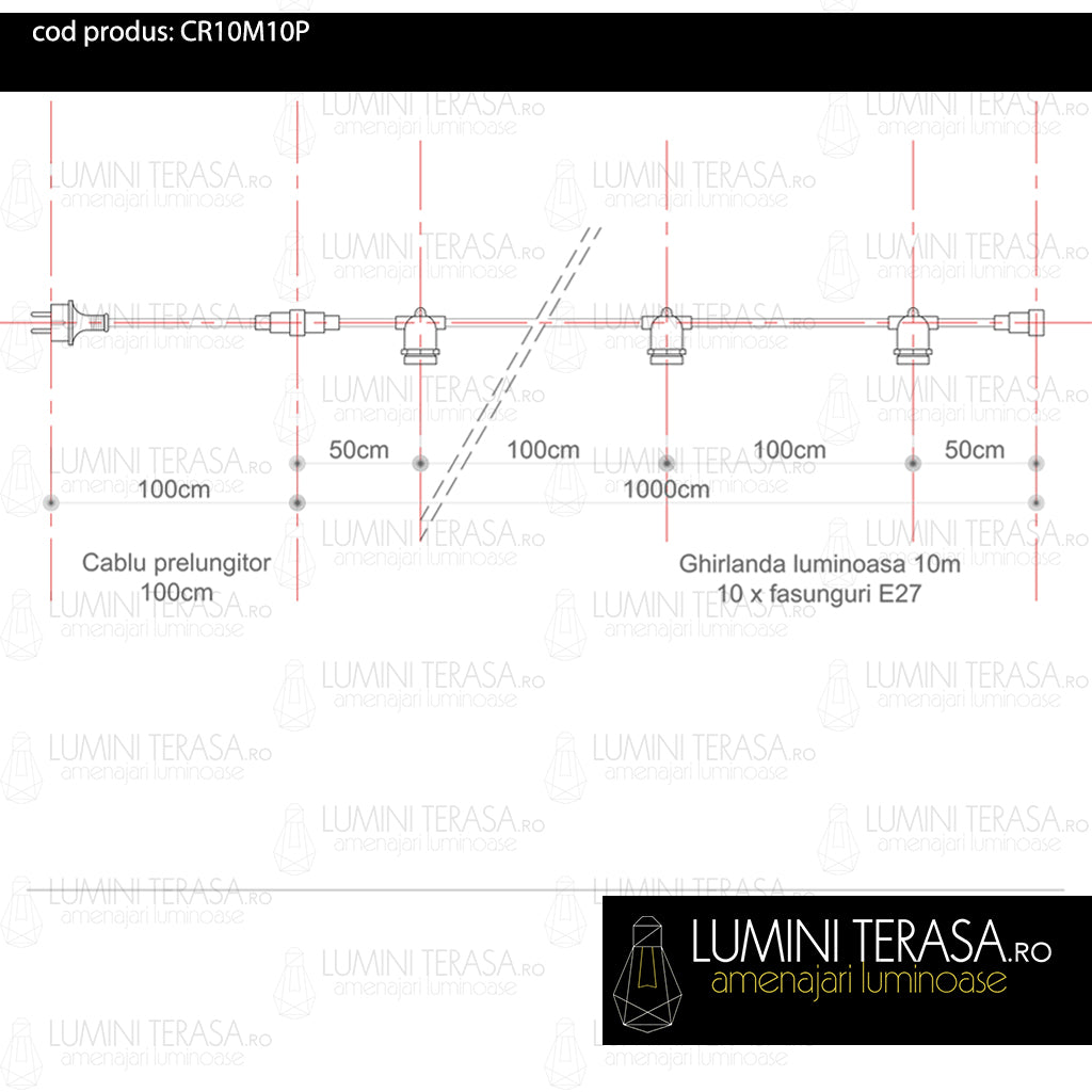 Cablu Ghirlanda luminoasa 10 m. cu 10 fasunguri E27 interconectabila