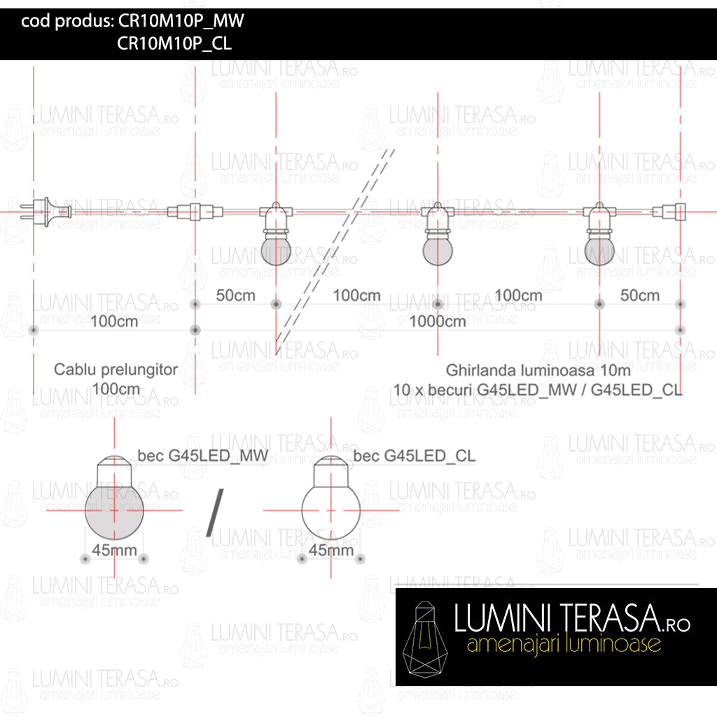 Ghirlanda luminoasa 10 m. cu 10 becuri G45 1W LED E27 interconectabila