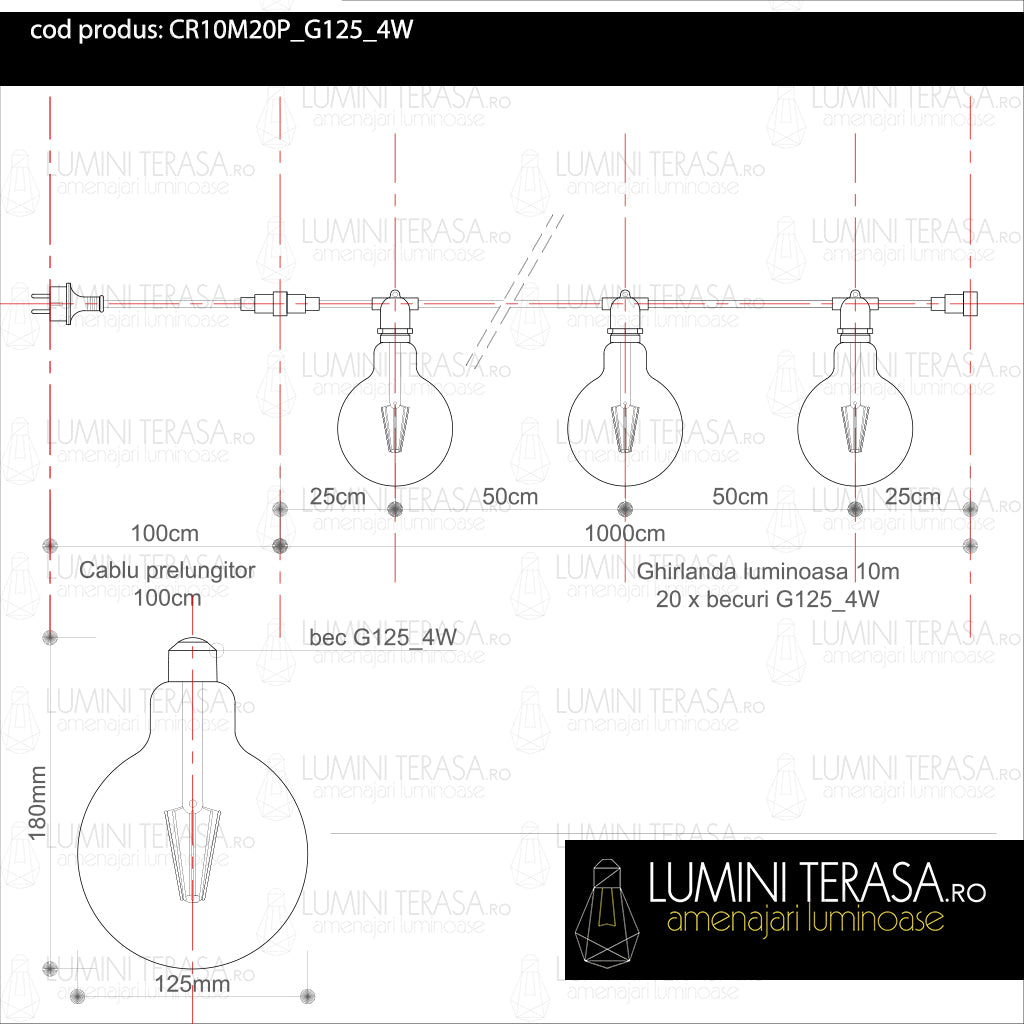 Ghirlanda luminoasa 10 m. cu 20 becuri mari G125 4W LED E27 interconectabila