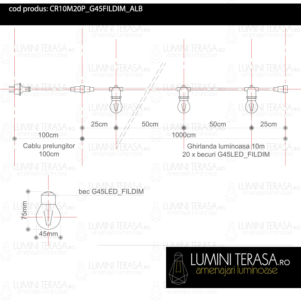 Ghirlanda luminoasa 10 m. cu 20 becuri G45 4W LED E27 interconectabila