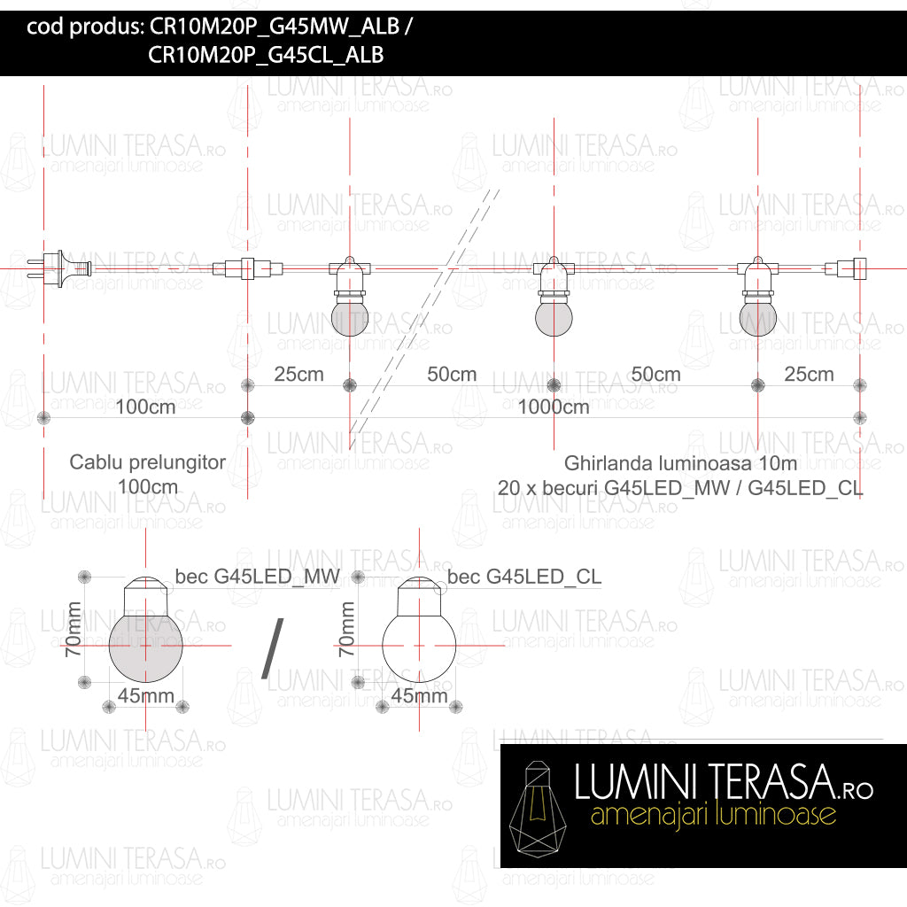 Ghirlanda luminoasa 10 m. cu 20 becuri LED 1W E27 interconectabila
