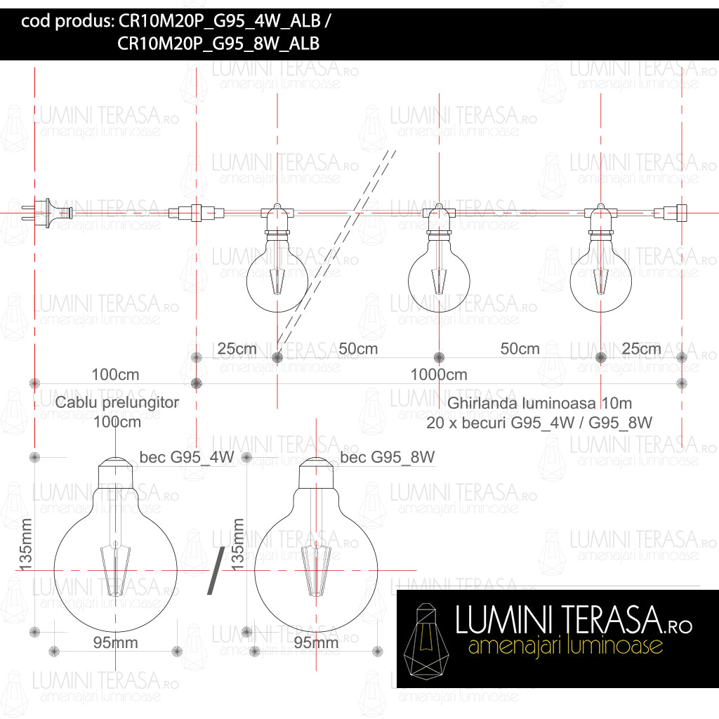 Ghirlanda luminoasa 10 m. cu 20 becuri mari G95 LED E27 interconectabila