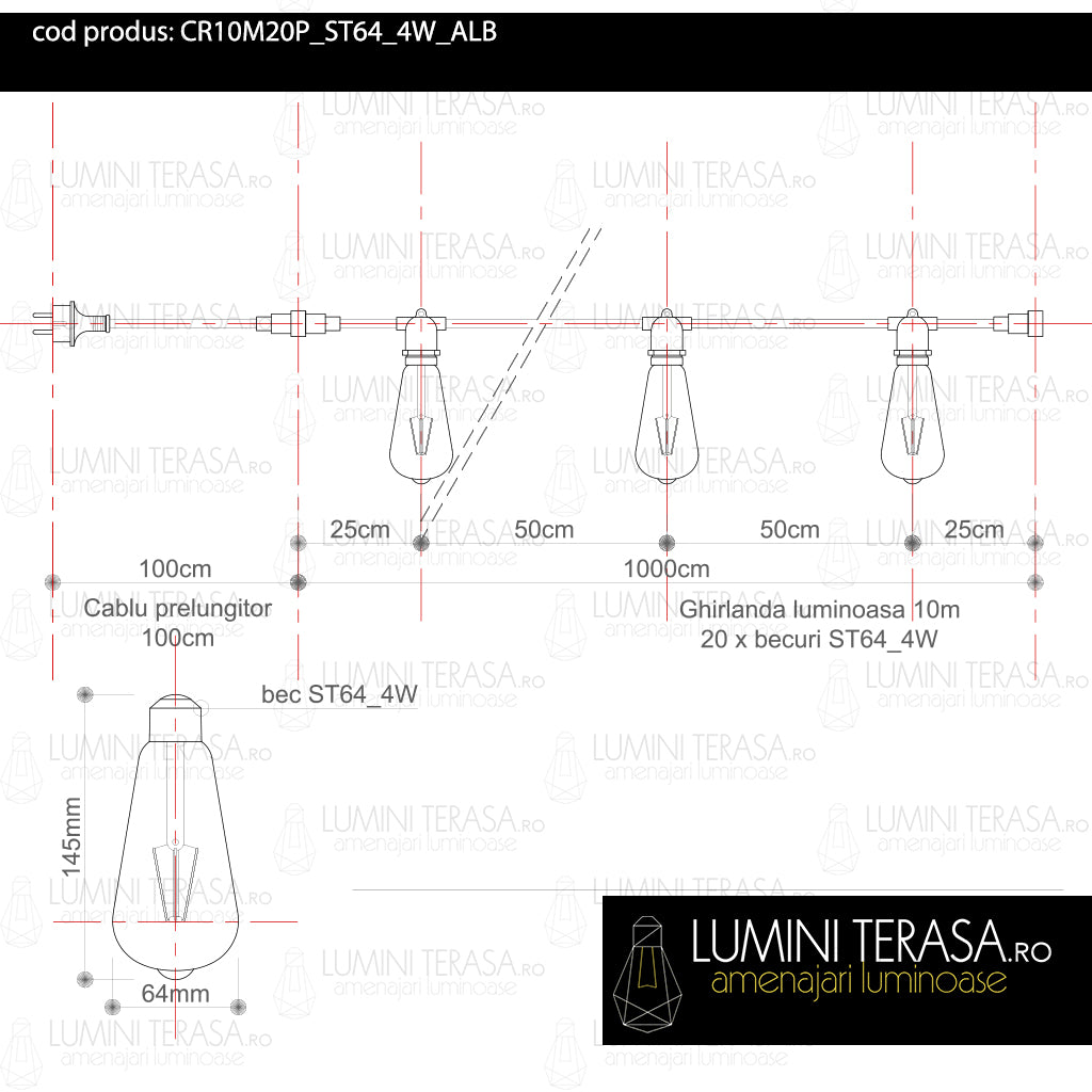 Ghirlanda luminoasa 10 m. cu 20 becuri mari ST64 4W LED E27 interconectabila