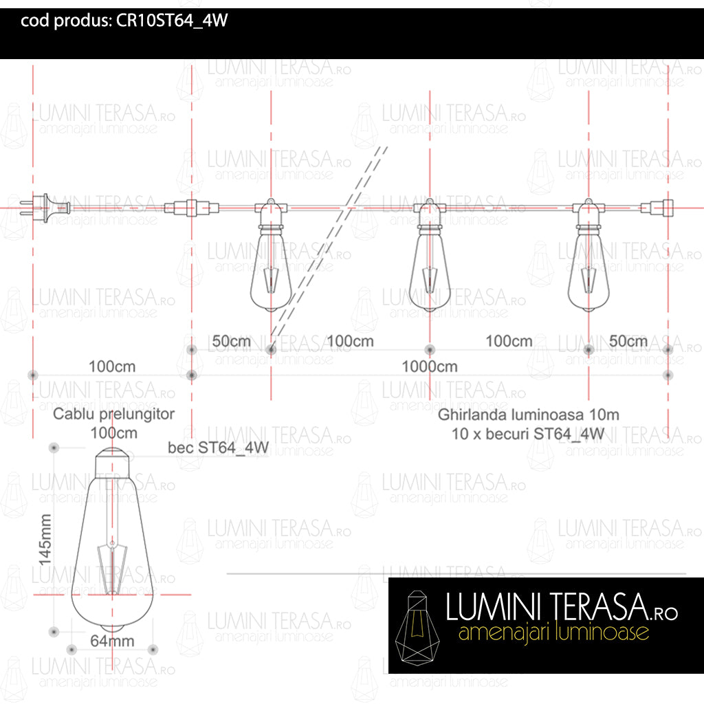 Ghirlanda luminoasa 10 m. cu 10 becuri mari ST64 4W LED E27 interconectabila
