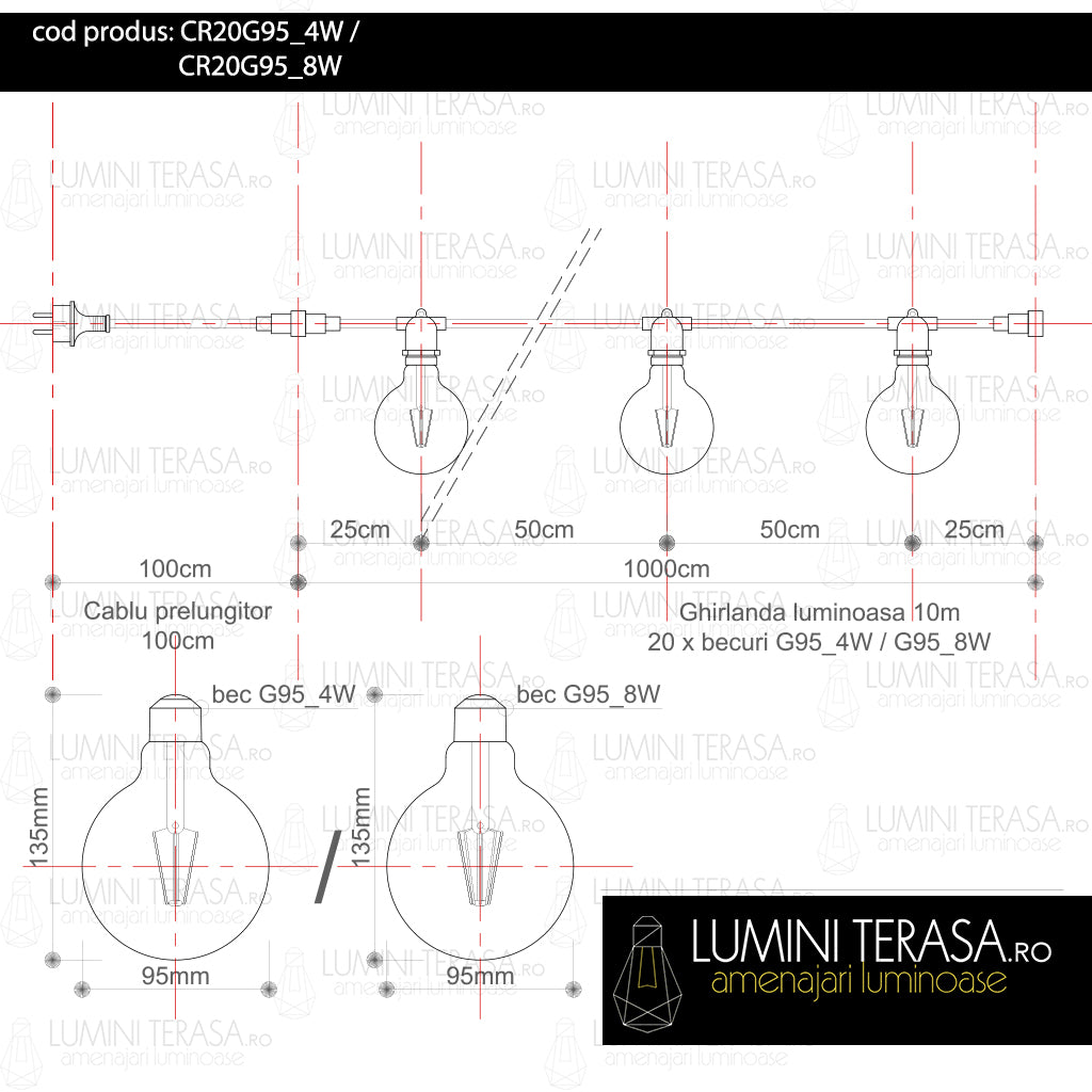 Ghirlanda luminoasa 10 m. cu 20 becuri mari G95 LED E27 interconectabila