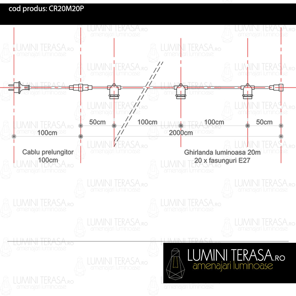 Cablu Ghirlanda luminoasa 20 m. cu 20 fasunguri E27 interconectabila