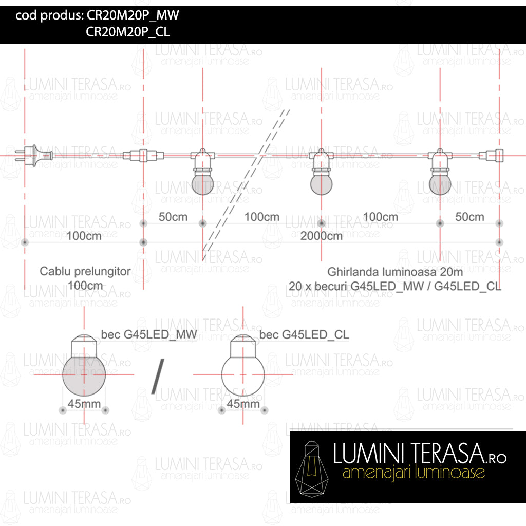 Ghirlanda luminoasa 20 m. cu 20 becuri LED 1W E27 interconectabila