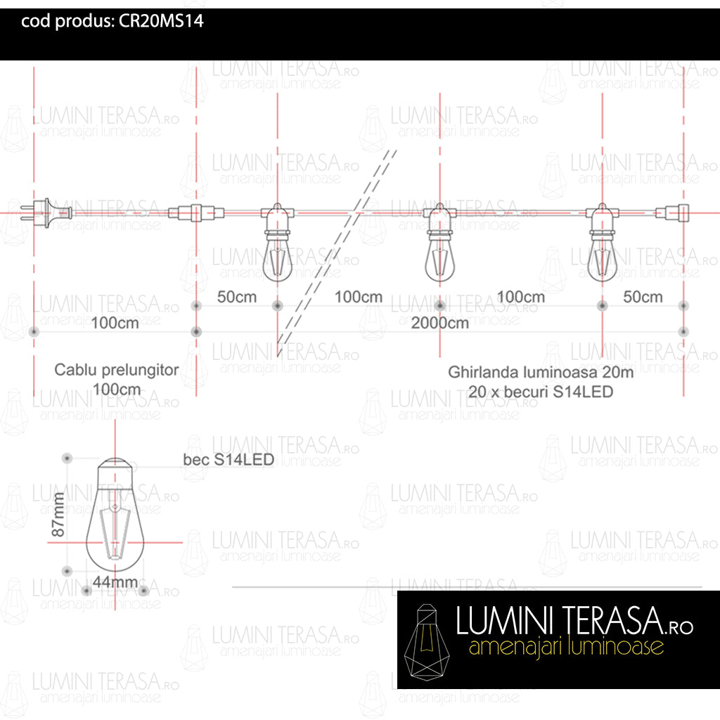 Ghirlanda luminoasa 20 m. cu 20 becuri S14 LED E27 interconectabila