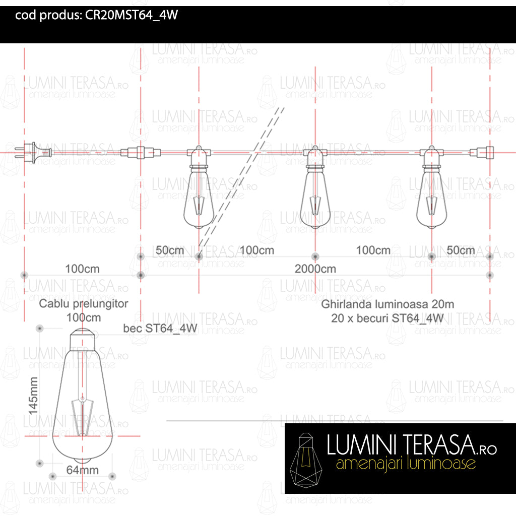 Ghirlanda luminoasa 20 m. cu 20 becuri mari ST64 4W LED E27 interconectabila