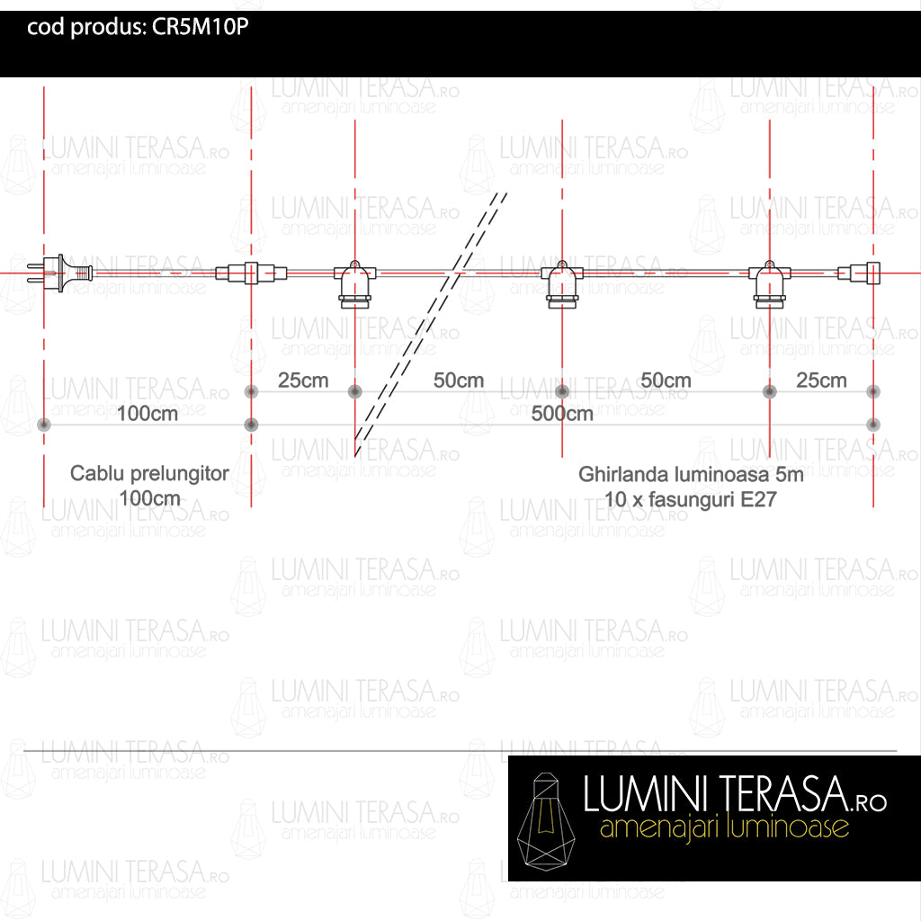 Cablu Ghirlanda luminoasa 5 m. cu 10 fasunguri E27 interconectabila