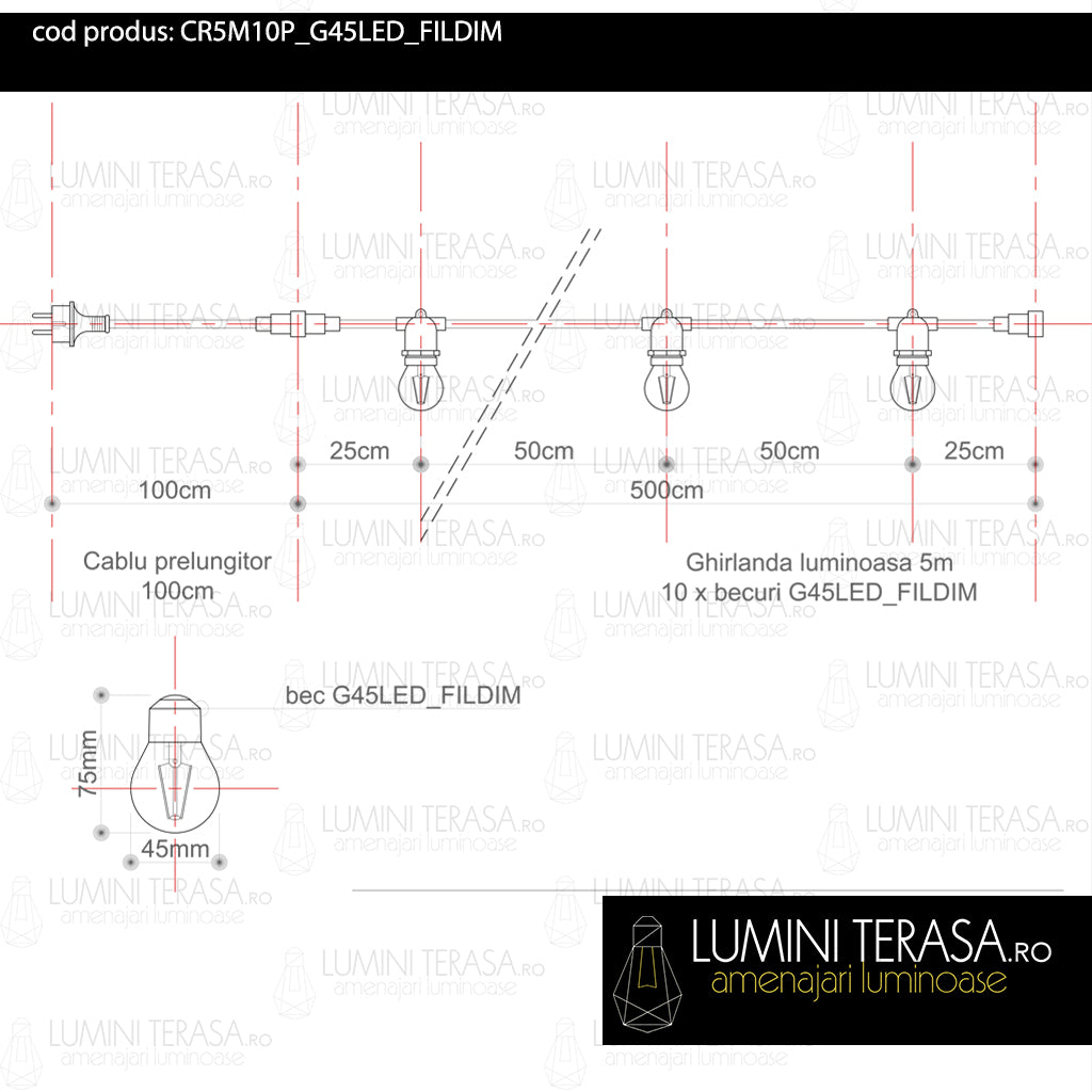 Ghirlanda luminoasa 5 m. cu 10 becuri G45 4W LED E27 interconectabila