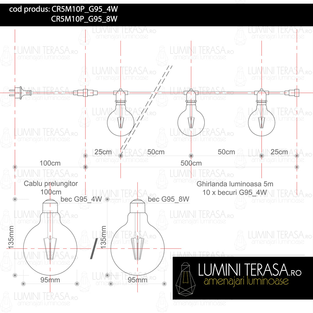 Ghirlanda luminoasa 5 m. cu 10 becuri mari G95 LED E27 interconectabila