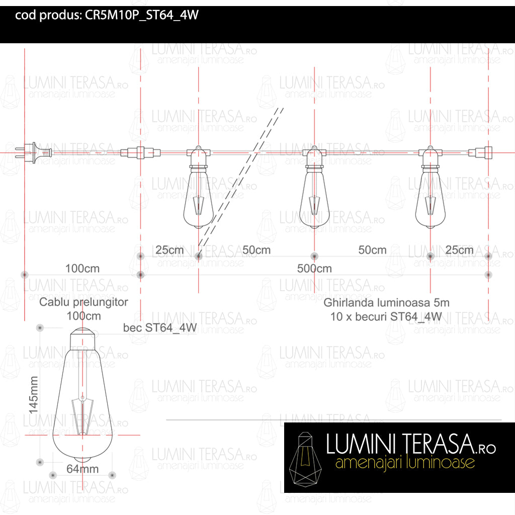 Ghirlanda luminoasa 5 m. cu 10 becuri mari ST64 4W LED E27 interconectabila