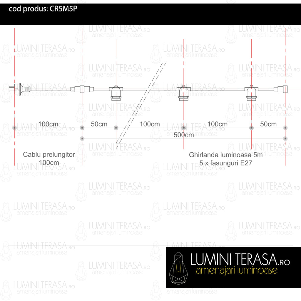 Cablu Ghirlanda luminoasa 5 m. cu 5 fasunguri E27 interconectabila