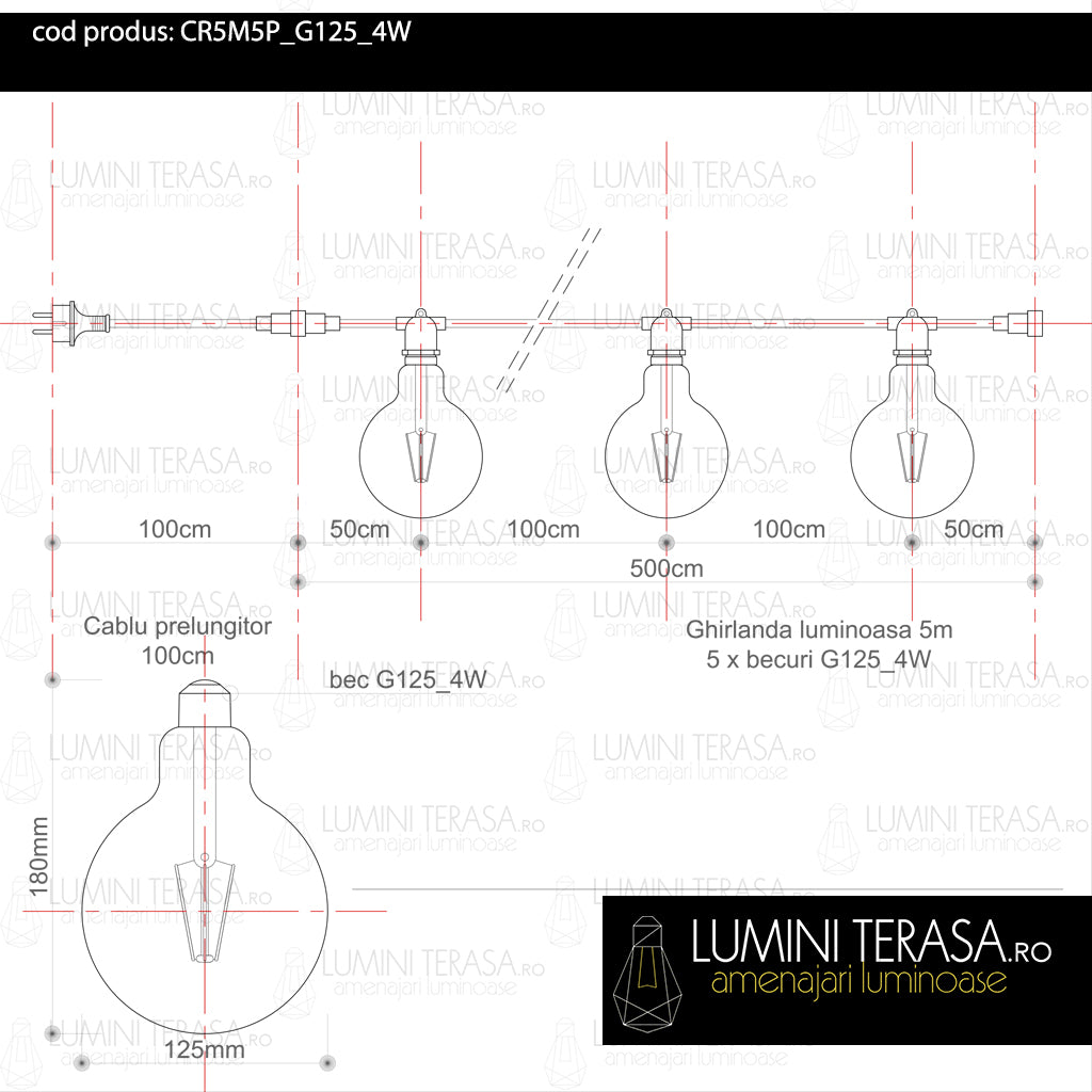 Ghirlanda luminoasa 5 m. cu 5 becuri mari G125 4W LED E27 interconectabila