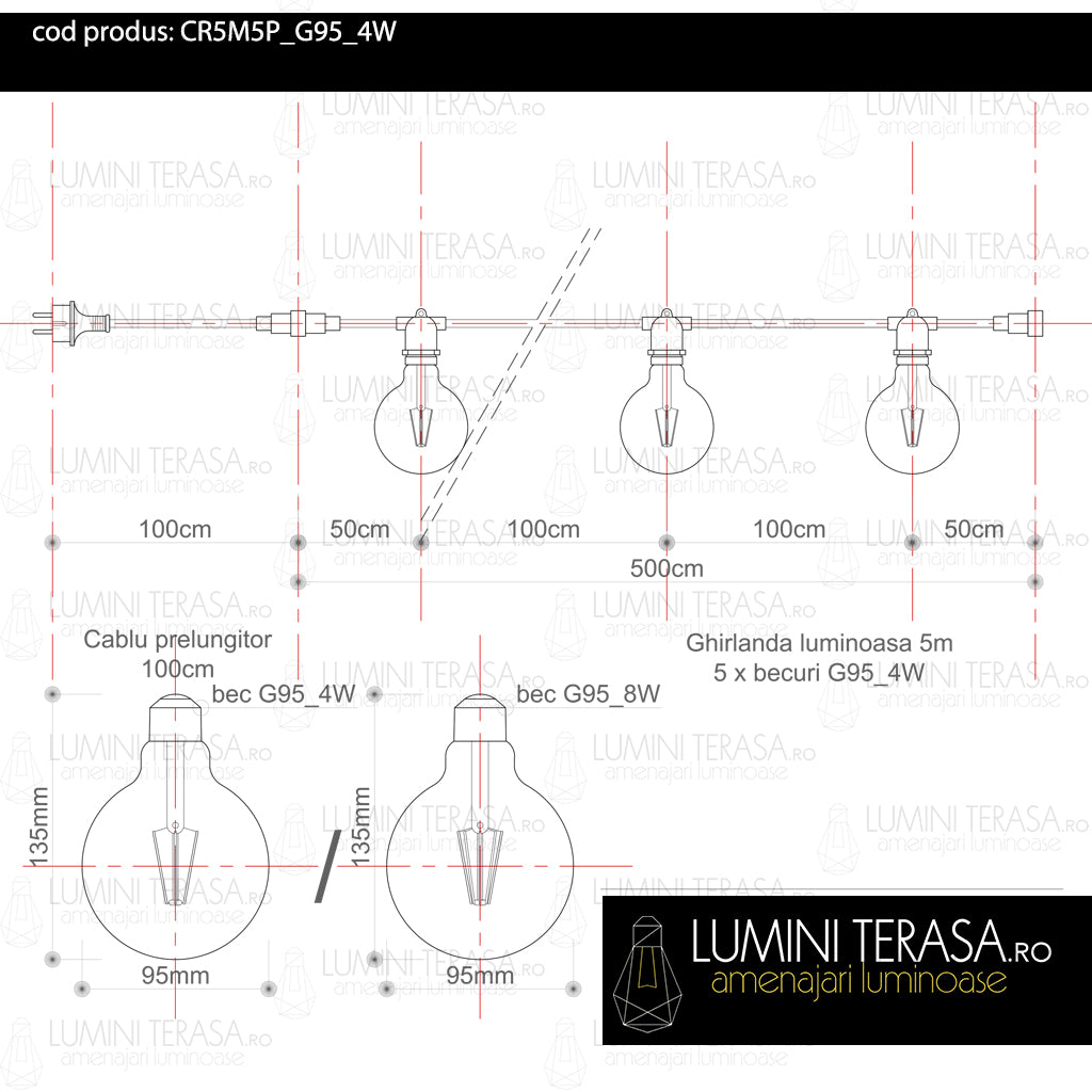 Ghirlanda luminoasa 5 m. cu 5 becuri mari G95 LED E27 interconectabila