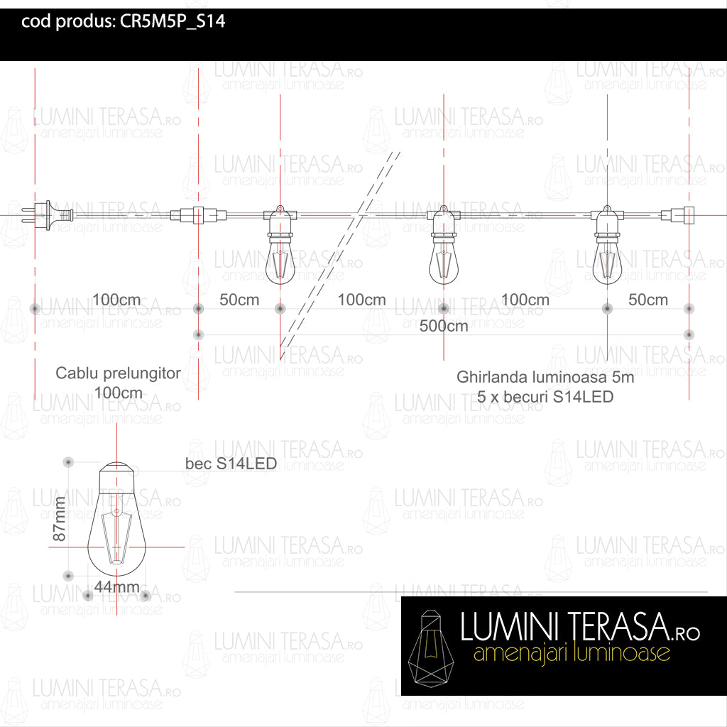Ghirlanda luminoasa 5 m. cu 5 becuri S14 LED E27 interconectabila