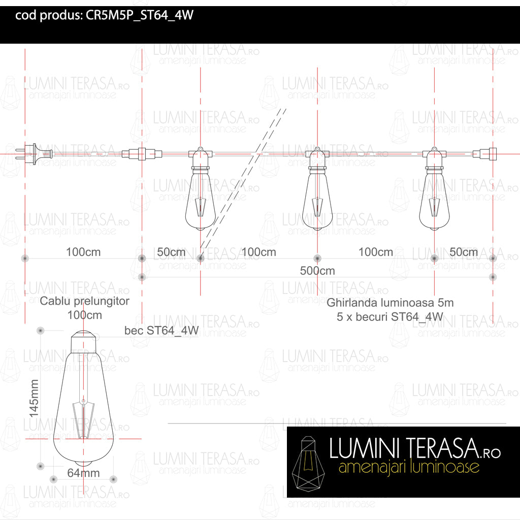 Ghirlanda luminoasa 5 m. cu 5 becuri mari ST64 4W LED E27 interconectabila