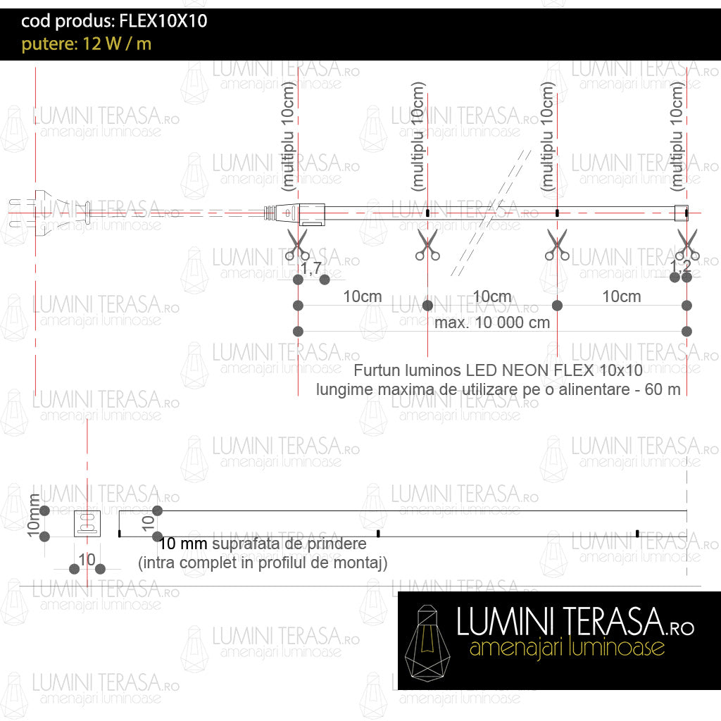 Furtun Luminos Led Neon Flex LUXON 10x10mm alb cald (3000K)