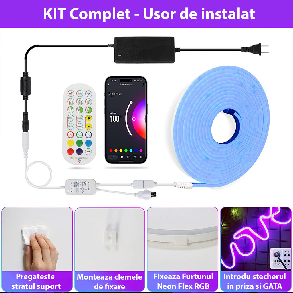 KIT Complet 5m Neon Flex Multicolor RGB Digital SMART WIFI