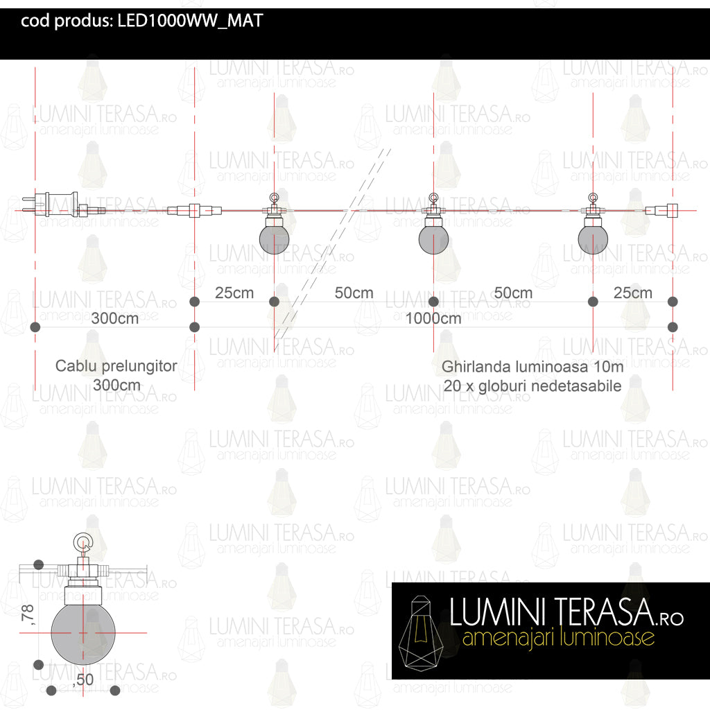 Ghirlanda luminoasa 10 m. cu 20 becuri mate LED interconectabila