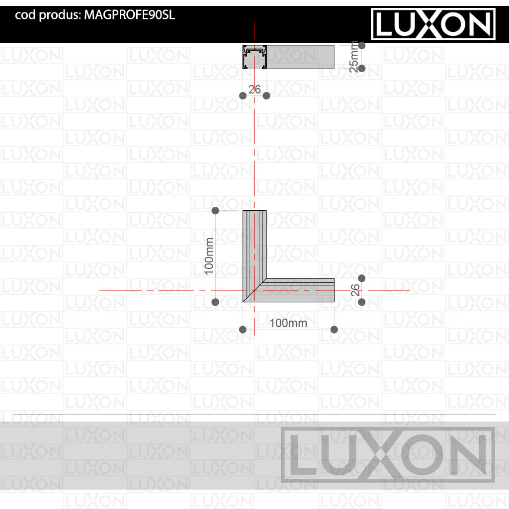 Conector de colt (90° orizontal) SLIM magnetic pentru MONTAJ APARENT/SUSPENDAT LUXON