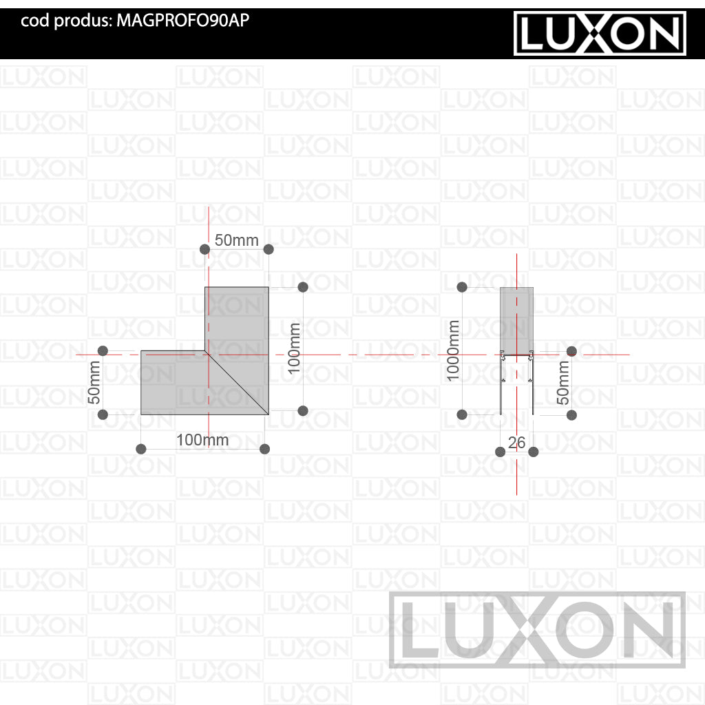 Conector de colt (90° vertical EXTERIOR) magnetic pentru MONTAJ APARENT LUXON