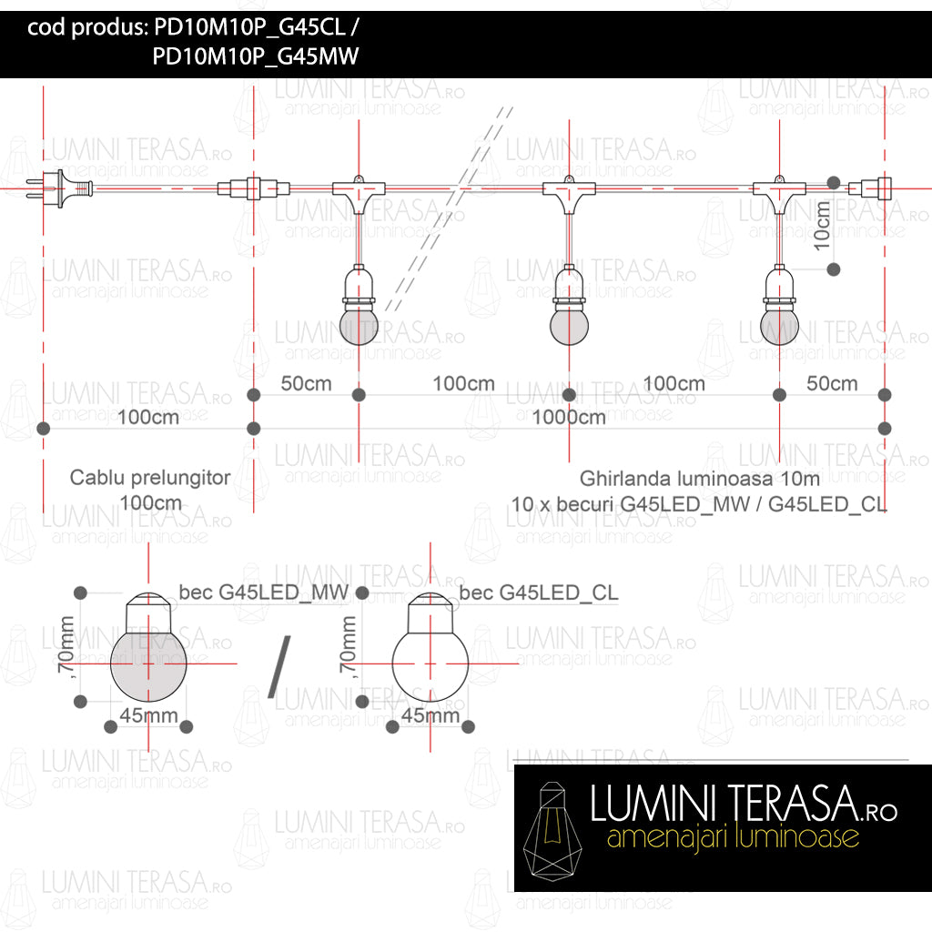 Ghirlanda luminoasa 10 m. cu 10 becuri G45 1W LED E27 interconectabila