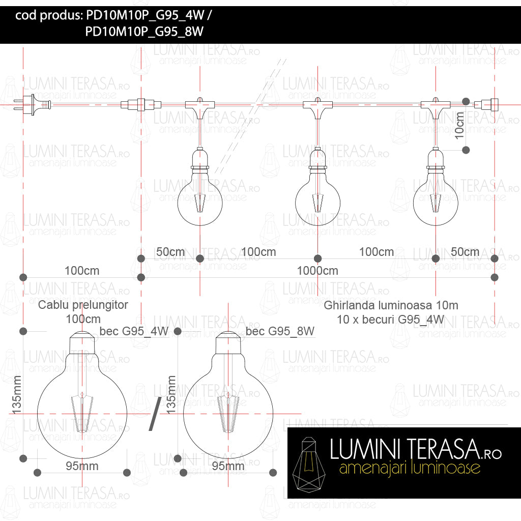 Ghirlanda luminoasa 10 m. cu 10 becuri mari G95 LED E27 interconectabila