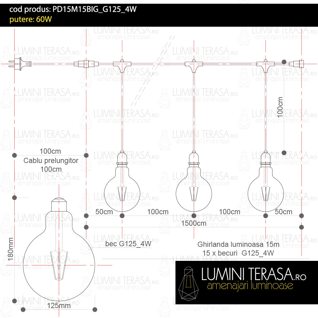 Ghirlanda luminoasa ALBA 15 m. cu 15 becuri mari G125 4W LED E27 interconectabila