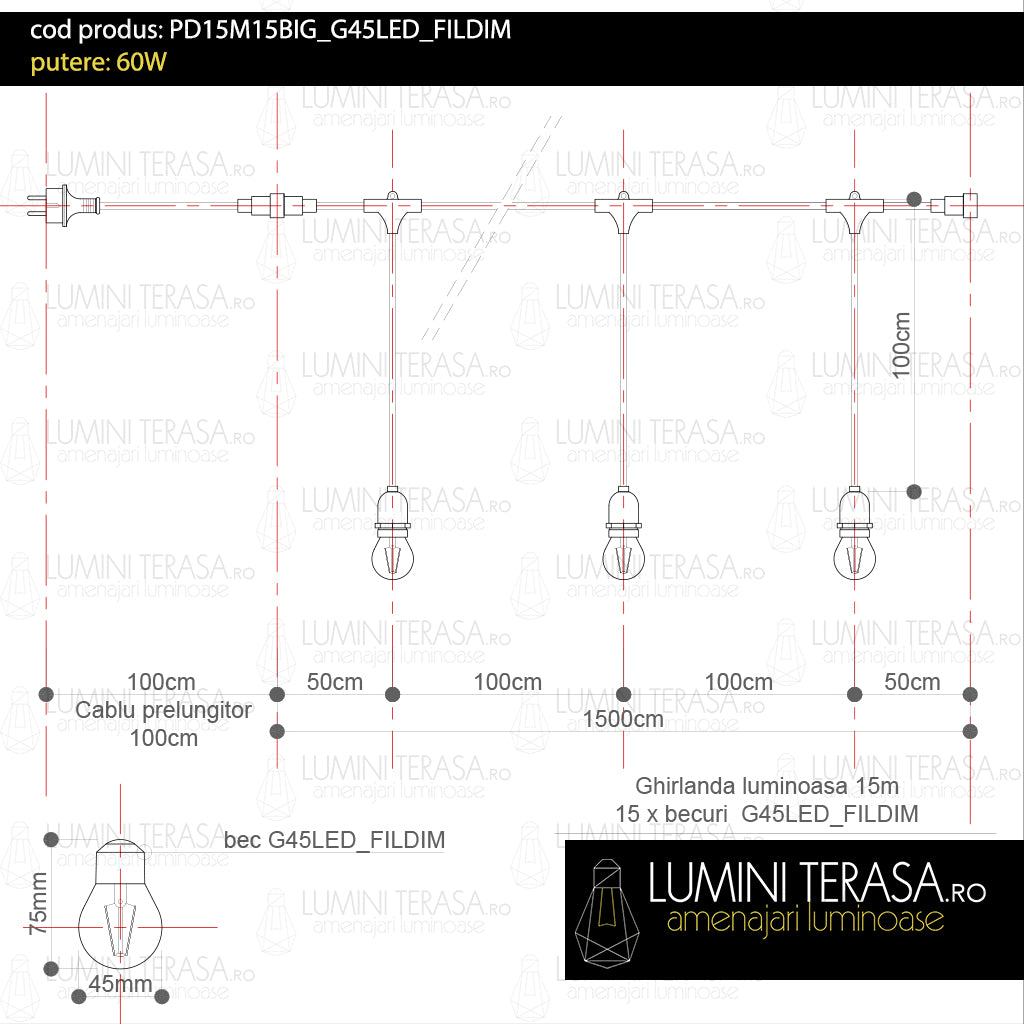 Ghirlanda luminoasa ALBA 15 m. cu 15 becuri G45 4W LED E27 interconectabila