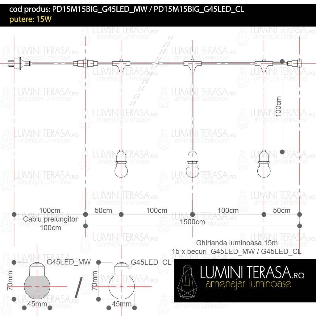 Ghirlanda luminoasa ALBA 15 m. cu 15 becuri G45 1W LED E27 interconectabila