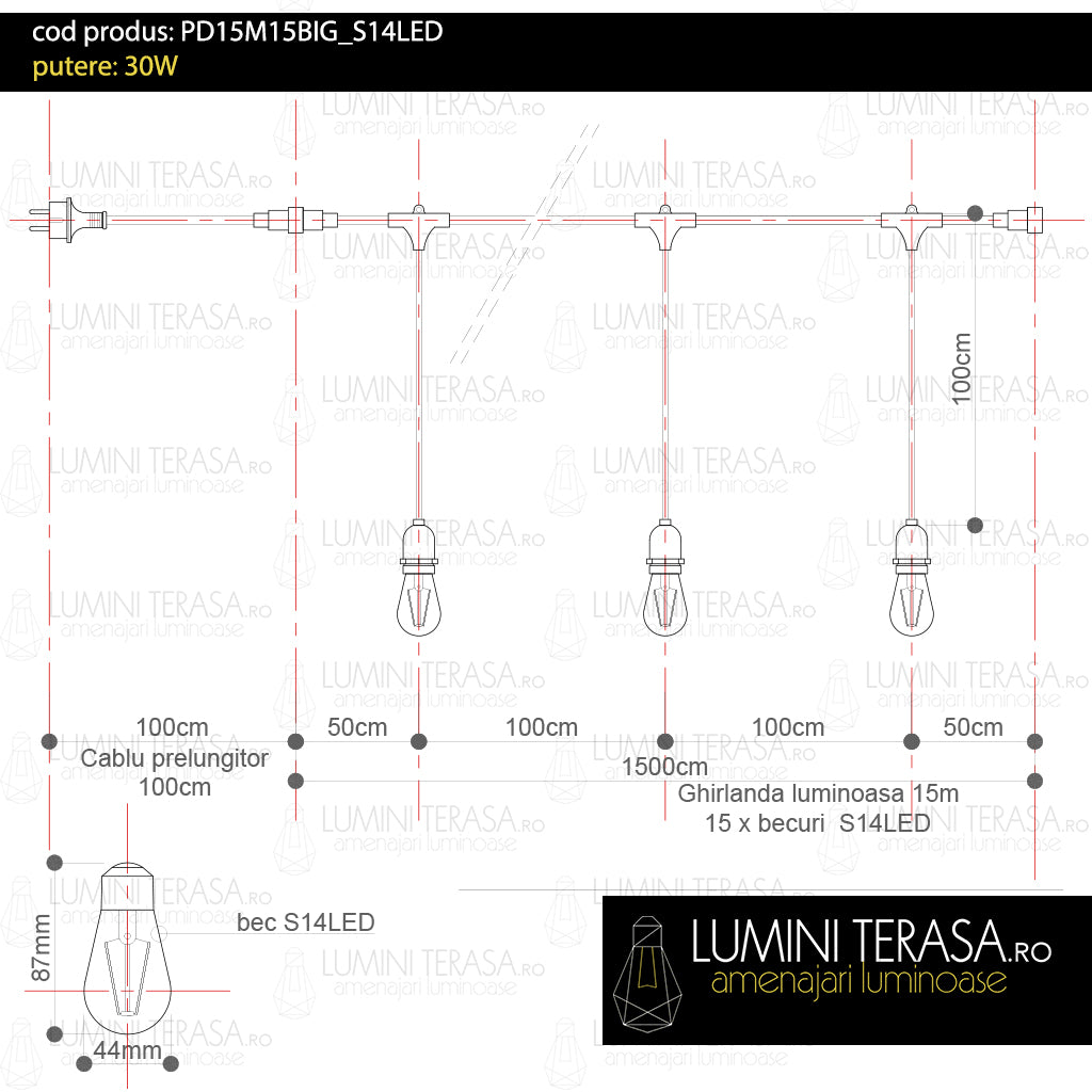 Ghirlanda luminoasa 15 m. cu 15 becuri S14 LED E27 interconectabila