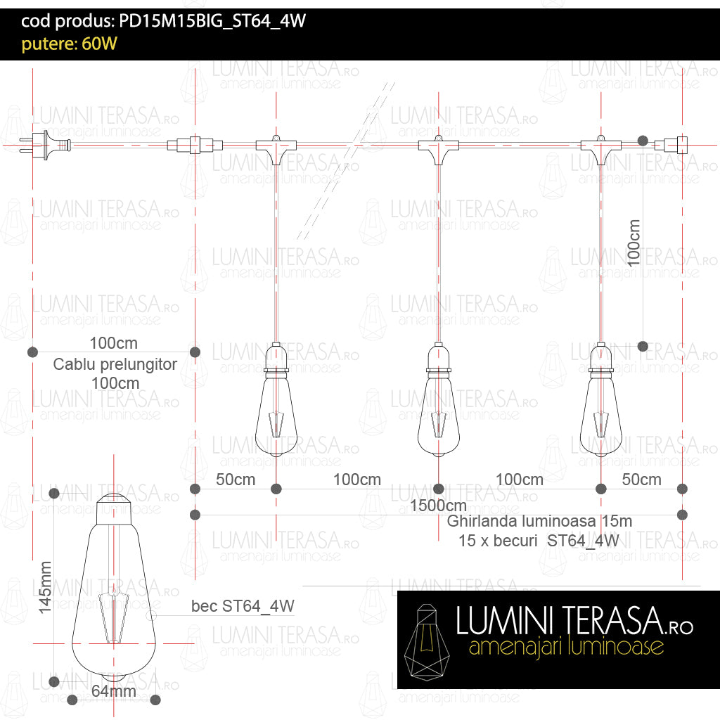Ghirlanda luminoasa ALBA 15 m. cu 15 becuri mari ST64 4W LED E27 interconectabila