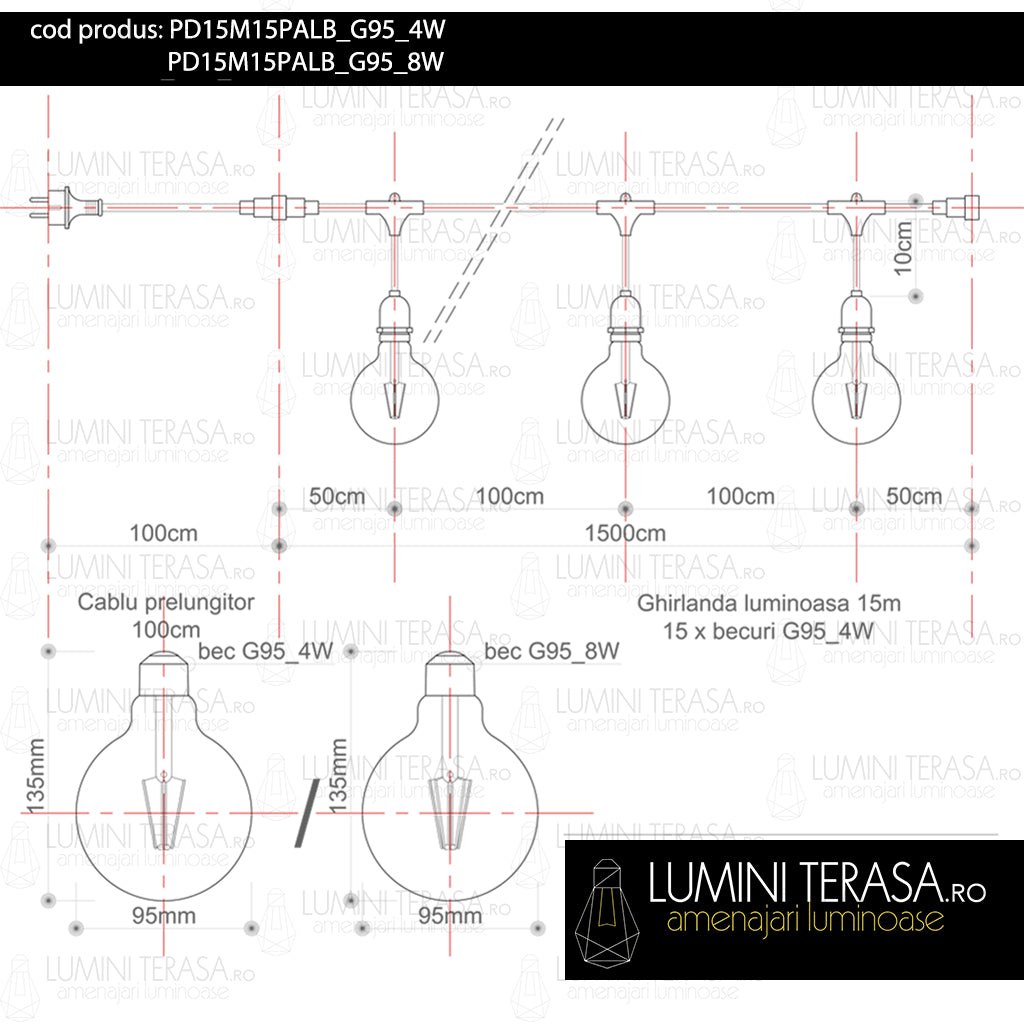 Ghirlanda luminoasa 15 m. cu 15 becuri mari G95 LED E27 interconectabila
