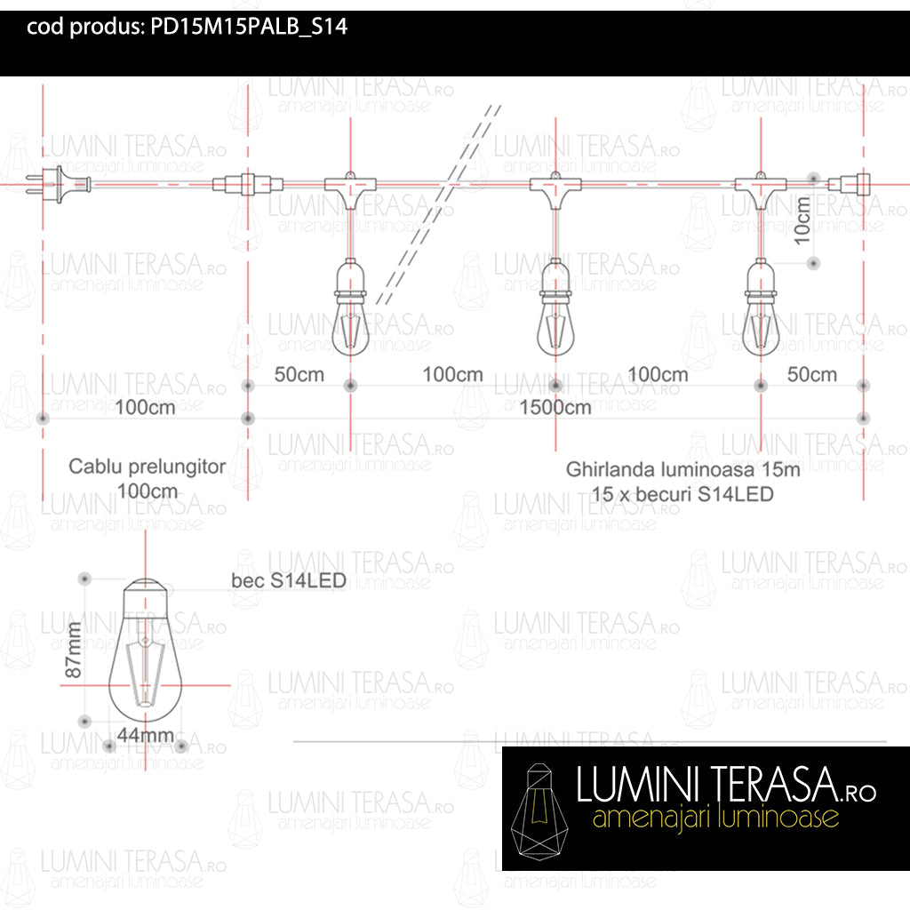 Ghirlanda luminoasa 15 m. cu 15 becuri S14 LED E27 interconectabila