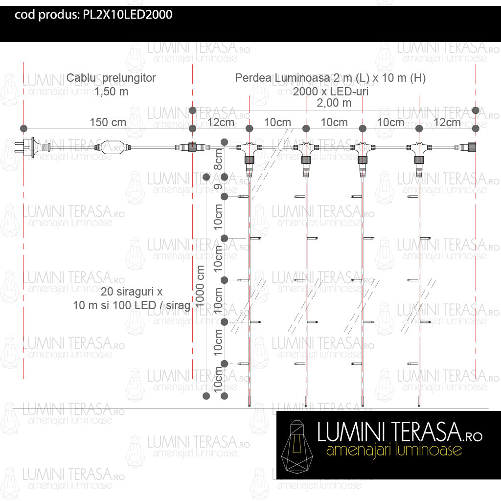 Perdea Luminoasa Profesionala 2M x 10M, 2000 leduri Interconectabila, ALBA, lumina rece