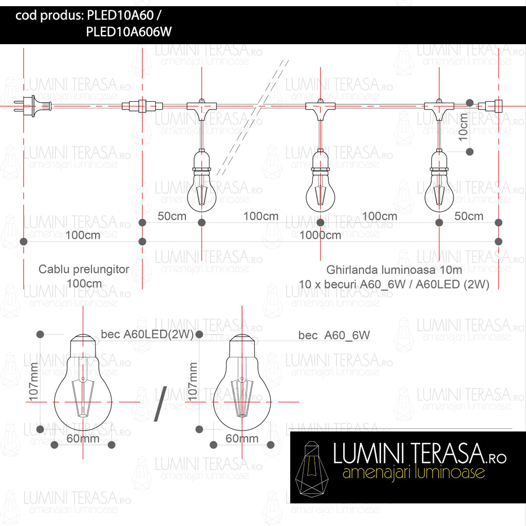 Ghirlanda luminoasa 10 m. cu 10 becuri A60 LED E27 interconectabila