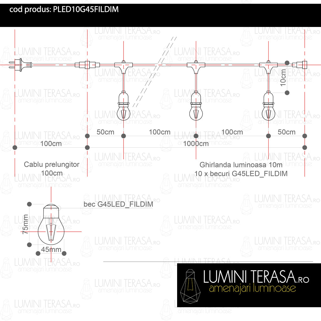 Ghirlanda luminoasa 10 m. cu 10 becuri G45 4W LED E27 interconectabila