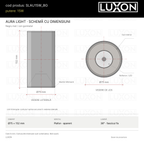 Desen tehnic AURA LIGHT LUXON gunmetal: vedere laterală și de jos, Ø75 × 152 mm, reflector optic și fascicul fix de 36°, fără reglaje