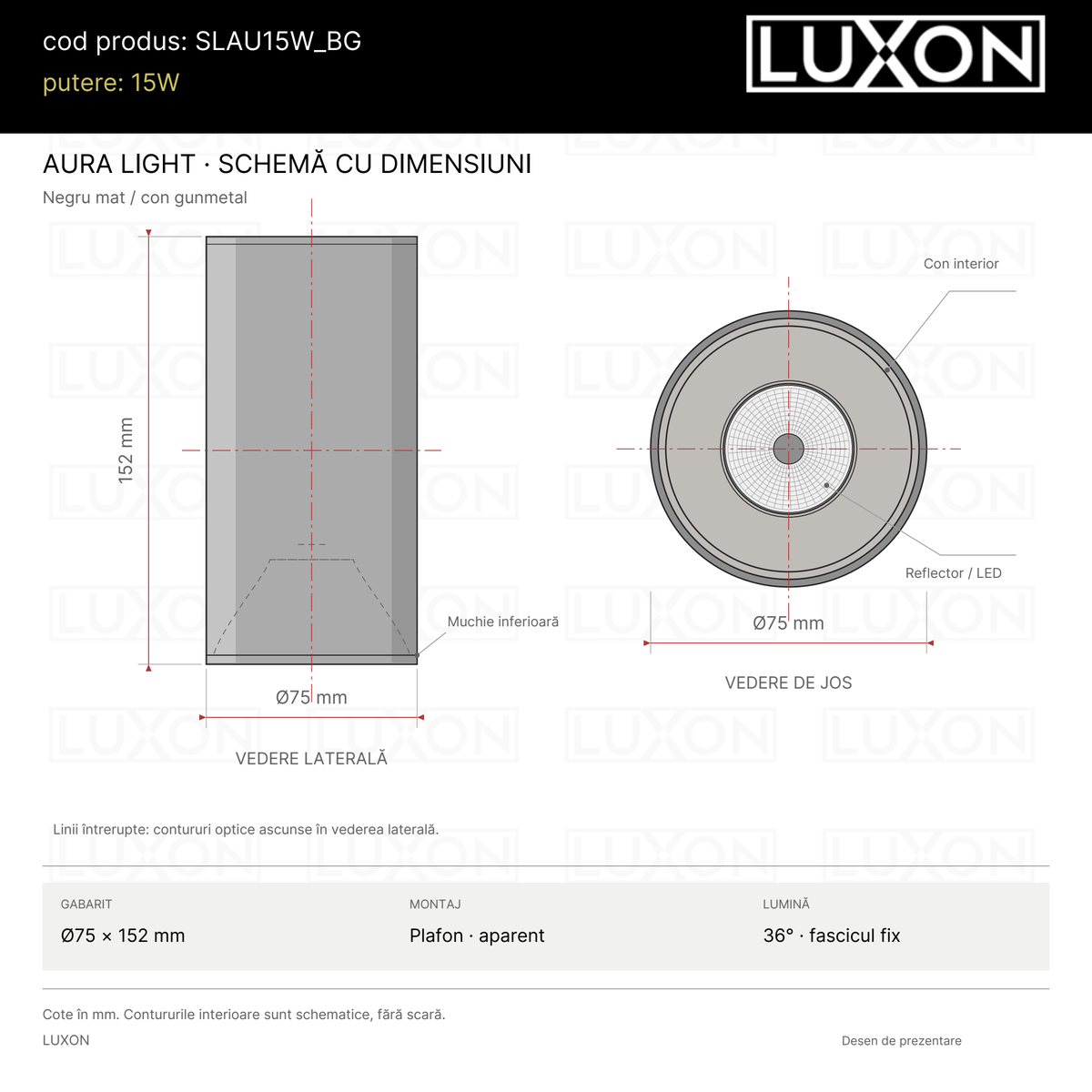Desen tehnic AURA LIGHT LUXON gunmetal: vedere laterală și de jos, Ø75 × 152 mm, reflector optic și fascicul fix de 36°, fără reglaje