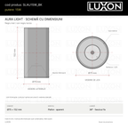 Desen tehnic AURA LIGHT LUXON negru: vedere laterală și de jos, Ø75 × 152 mm, reflector optic și fascicul fix de 36°, fără reglaje