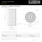 Desen tehnic AURA LIGHT LUXON alb: vedere laterală și de jos, Ø75 × 152 mm, reflector optic și fascicul fix de 36°, fără reglaje
