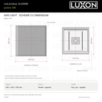 Desen tehnic AXIS LIGHT LUXON: vedere laterală și de jos, 100 × 100 × 100 mm, carcasă frontală plină și clapete interioare pentru reglarea fasciculului