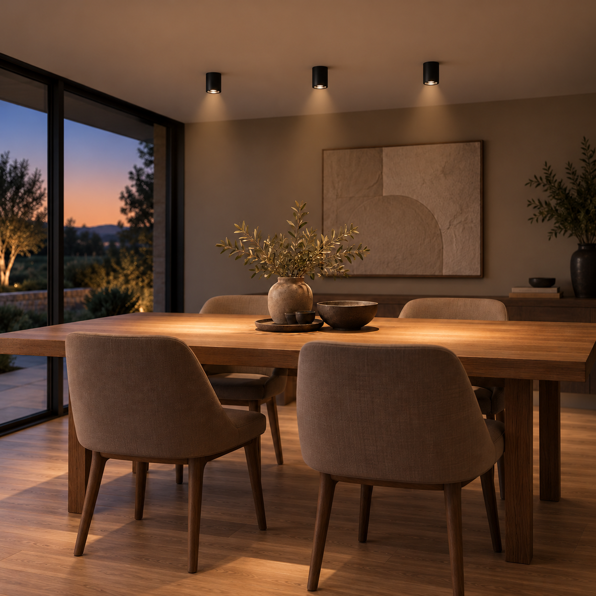 Vizualizare de ambient: spoturi AURA LIGHT gunmetal Ø75 × 152 mm, pe plafonul unei zone de dining