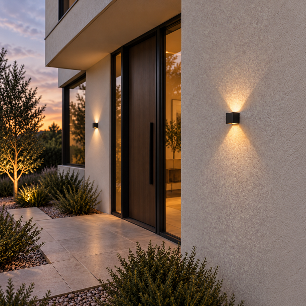 Vizualizare de ambient: aplică AXIS LIGHT LUXON negru, 10 cm, cu lumină în sus și în jos pe o fațadă