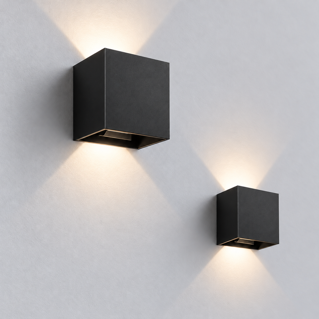 Două aplice AXIS LIGHT LUXON negru montate pe perete, cu fața frontală complet plină și lumină sus/jos
