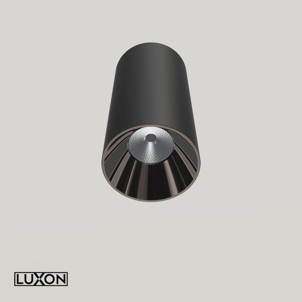 Animație 3D AURA LIGHT LUXON negru cu con interior gunmetal, material din fotografia produsului, poziție comună gamei și prezentare de 8 secunde