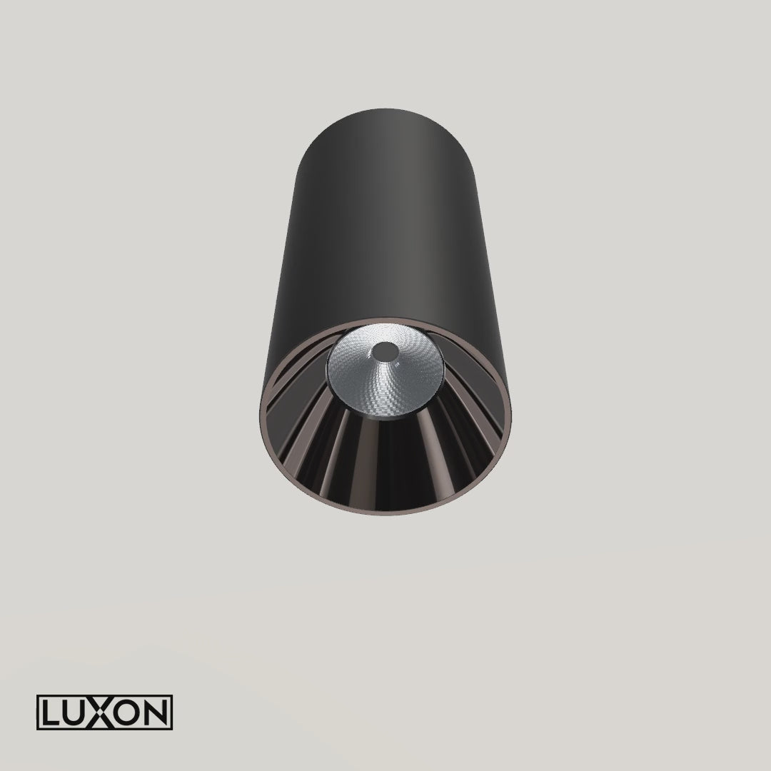 Animație 3D AURA LIGHT LUXON negru cu con interior gunmetal, material din fotografia produsului, poziție comună gamei și prezentare de 8 secunde